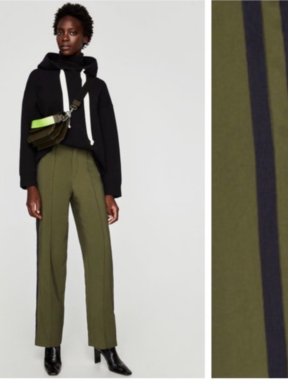 Zara Olive Green Wide-Leg Pants with Black Side Stripes - Picture 3 of 12